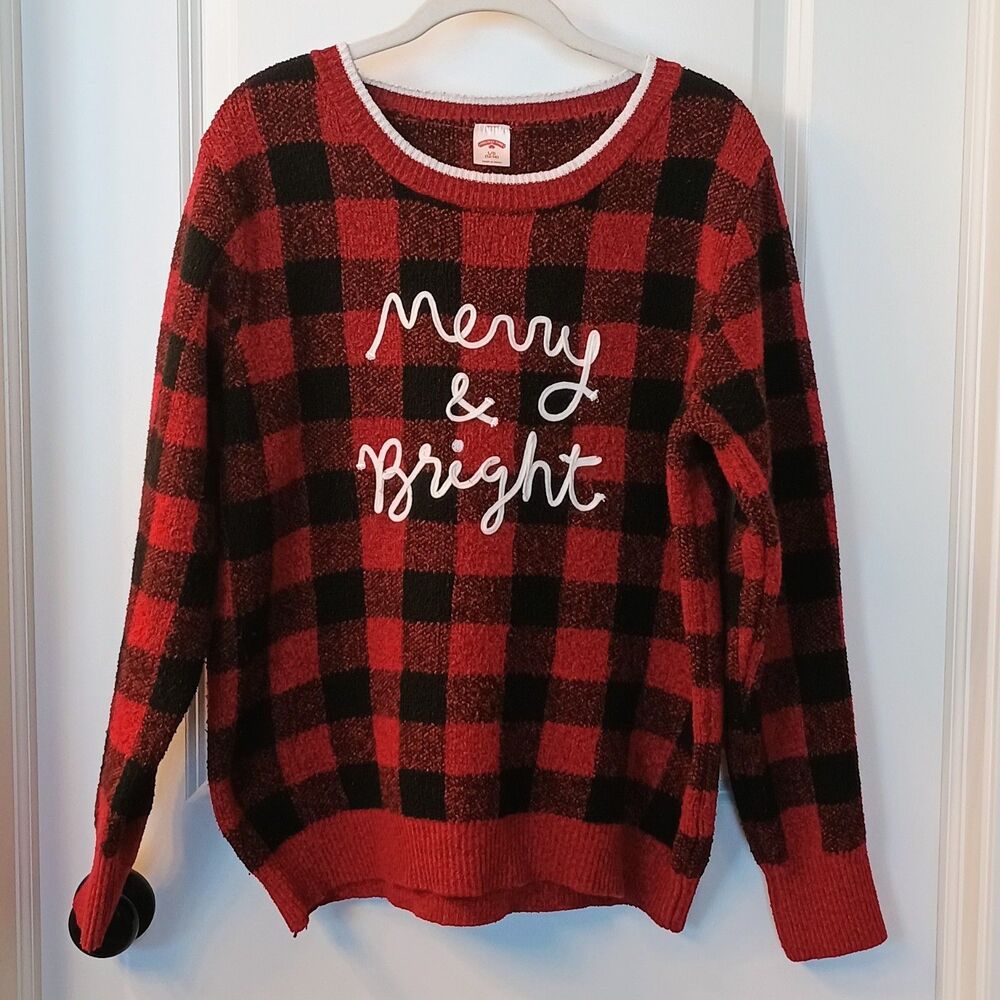 Women’s Merry & Bright Buffalo Plaid Sweater Red Black Size Large 12/14 Christma
